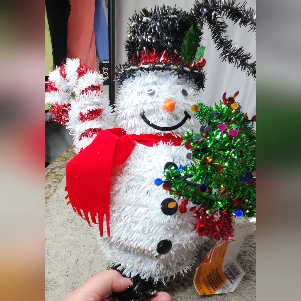Festive Snowman Decoration with Candy Cane and Tree